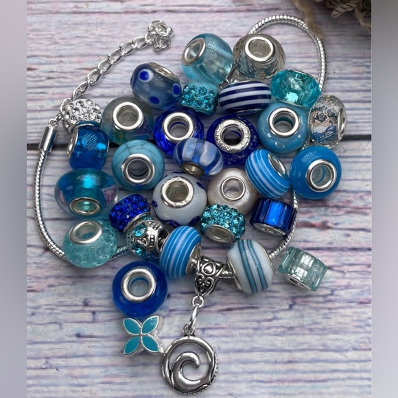 30 pc Lg Hole Pandora Style Blue Beads Bracelet Charms bundle diy jewelry making - Picture 14 of 16